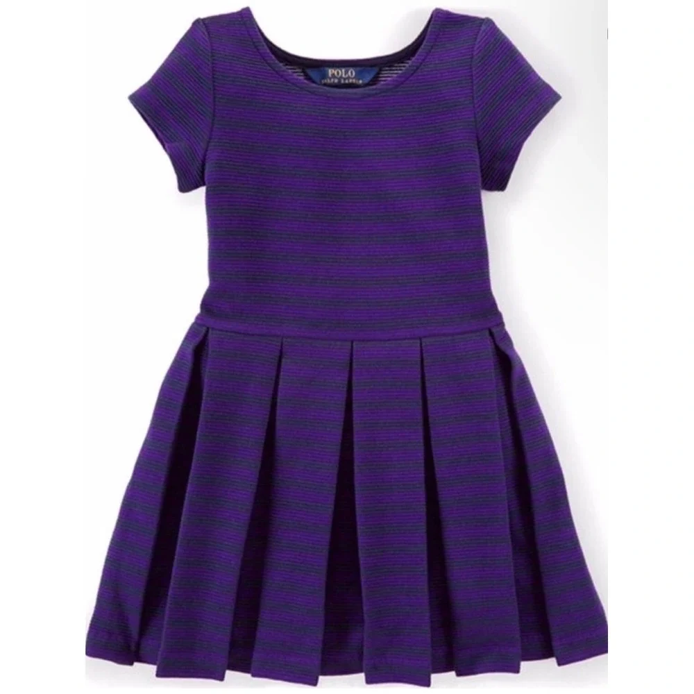 Polo Ralph Lauren Girls Purple Striped Short Sleeve Pleated Dress Sz L 12 14 NEW